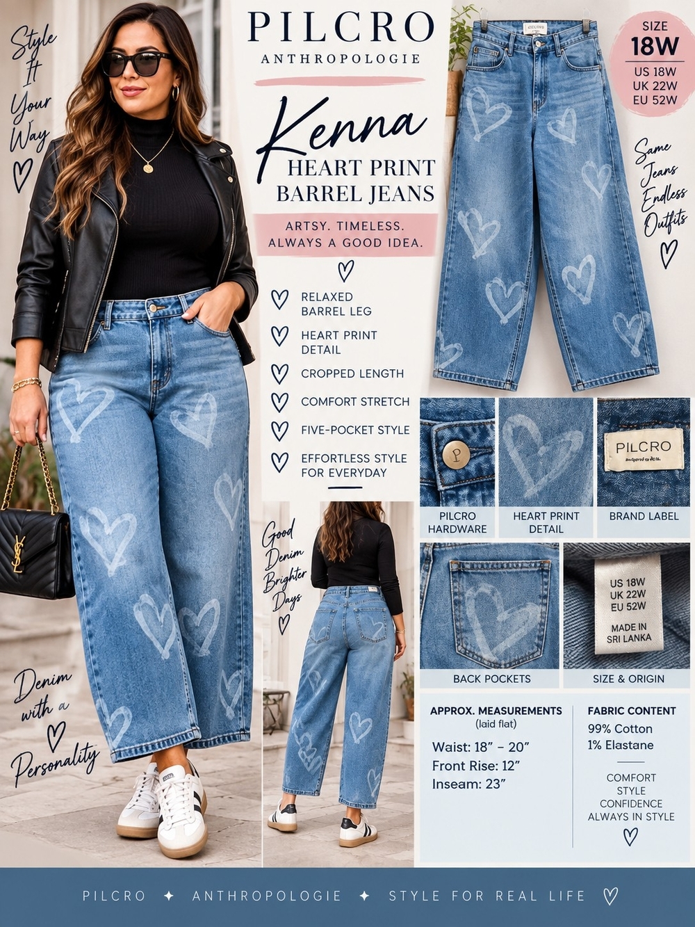 Anthropologie Pilcro Kenna Heart Print Barrel Jeans Plus 18W